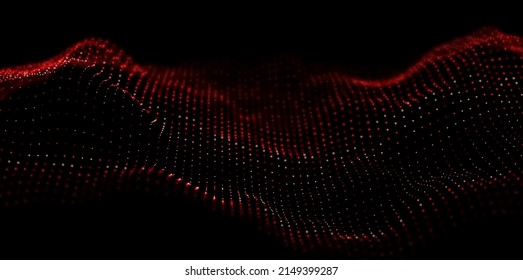 Abstract Red Particle Background. Flow Wave With Dot Landscape. Digital Data Structure. Future Mesh Or Sound Grid. Pattern Point Visualization. Technology Vector Illustration.