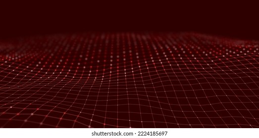 Abstract red particle background. Flow wave with dot landscape. Digital data structure. Future mesh or sound grid. Pattern point visualization. Technology vector illustration.