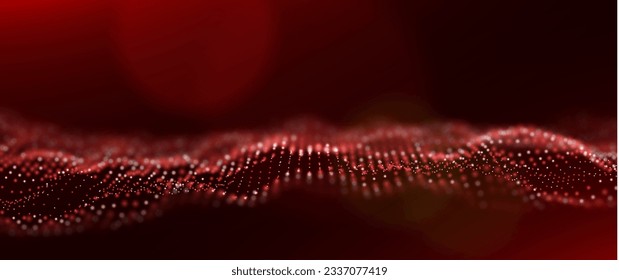 Abstract red particle background. Flow wave with dot landscape. Digital data structure. Future mesh or sound grid. Pattern point visualization. Technology vector illustration.