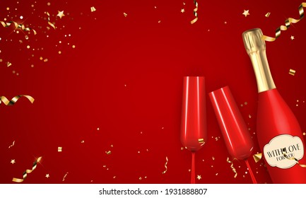 Abstract Red Party Holiday Background with Confetti and Golden Ribbon, Champagne Bottle and Glass. Vector Illustration EPS10