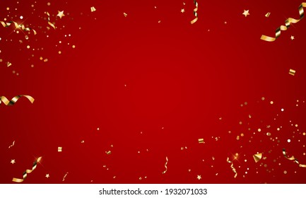 Abstract Red Party Holiday Background with Confetti and Golden Ribbon. Vector Illustration EPS10