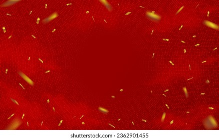 Abstract Red Party Holiday Background with Confetti. Luxury greeting rich card. Festive premium for holiday, Christmas party, birthday, new year celebration. Falling gold confetti on red. Vector EPS10