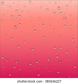 Abstract red and peach pink gradient background with clear water drops and droplets texture, vector illustration