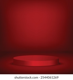 Abstract red pedestal podium 3D design and dark red background. Minimal studio showroom concept presentation for product display, fashion showcase, banner cosmetic, promotion. Vector geometric
