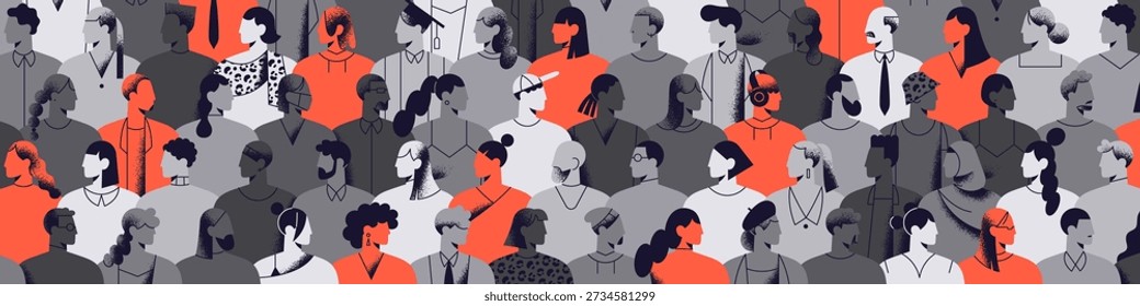 Abstract red people stand out from the grey crowd. Concept of diversity. Banner with silhouettes of diverse men and women. International group, multiethnic society in profile. Flat vector illustration
