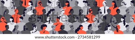Abstract red people stand out from the grey crowd. Concept of diversity. Banner with silhouettes of diverse men and women. International group, multiethnic society in profile. Flat vector illustration