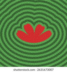 Abstract red petal form centered on green concentric wavy stripes. Vector illustration with textured retro design.