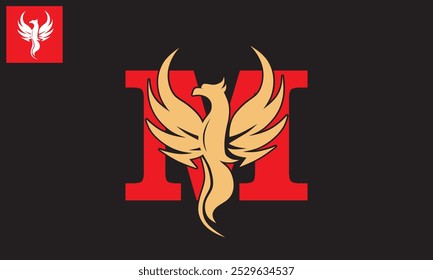 abstract red phoenix bird and letter m logo, silhouette of great bird flying vector illustrations