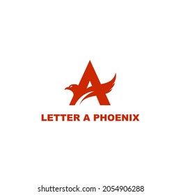 Abstract red phoenix shape on A letter, alphabetical logo with animal shape illustration.