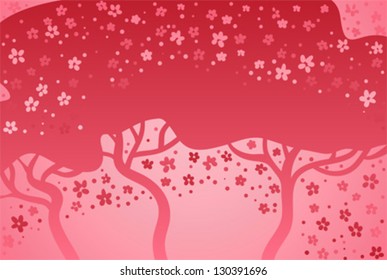 	Abstract red and pink background. The dark trees against a bright background. Flowers flying around the trees