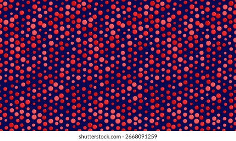 Abstrakte rote und rosafarbene Kreise auf marineblauem Hintergrund bilden ein dynamisches, sich wiederholendes Muster.  Perfekt für Webseiten-Banner, Textil-Designs oder lebendiges Branding.