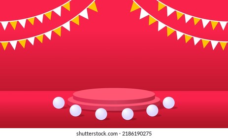 Abstract red, pink cylinder pedestal podium, Red, pink empty room, Shadow of window. Vector rendering 3d shape, Product display presentation. Studio room concept, Minimal wall scene.