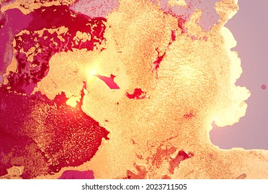 Abstract red, pink and gold alcohol ink pattern with marble texture. Luxury background with watercolor splash for poster, flyer, brochure design. Modern fluid art with golden glitter.