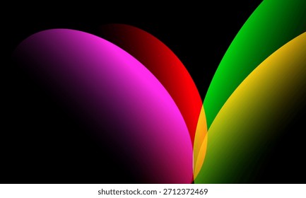 abstract red pink green yellow purple round curves shape with shine light reflection on black background