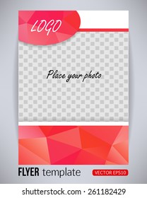Abstract red and pink rectangle plus circle geometric design brochure and flyer template with photo, vector illustration