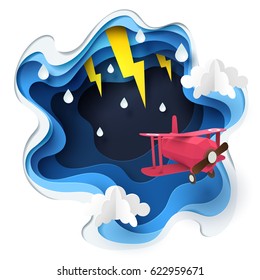 Abstract of red plane flying against crazy sky and thunderbolt in storm, paper art storm concept, vector art and illustration.