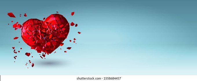 Símbolo del corazón rojizo poligonal roto abstracto ilustración vectorial aislada en fondo azul turquesa
