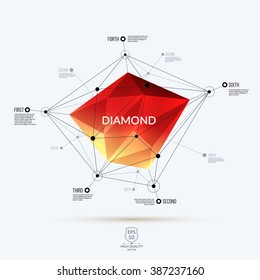 Abstract red polygonal diamond, brilliant or stone with edges, lines and rounds with communication and system concept. Vector illustration. 