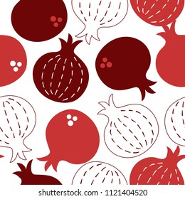 Abstract red pomegranates Rosh Hashanah doodle vector seamless pattern on a white background