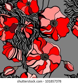 Abstract Red poppies. Seamless pattern vector illustration.
