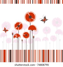 Abstract red poppy butterfly on colorful stripe background