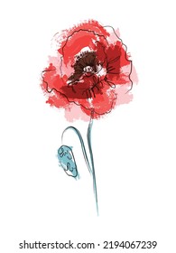 Abstract Red Poppy flower. The effect of red gouache stains. Contemporary floral art style. Suitable for posters, logos and templates. Isolated on white background