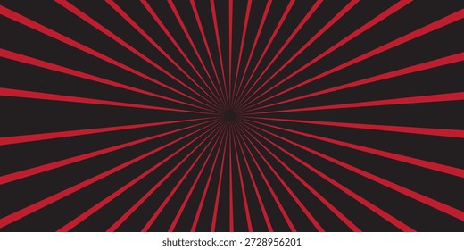 Linhas radiais vermelhas abstratas convergindo para o centro sobre um fundo preto escuro. Padrão de explosão estelar dinâmico com contraste dramático, adequado para design moderno, cartazes, planos de fundo, temas de tecnologia e conceitos de arte digital.