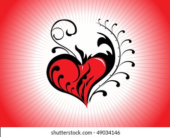 abstract red rays background with black floral pattern heart