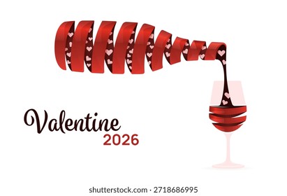 Abstractas cinta roja en forma de botella de vino vertiendo corazones en un vaso. Concepto creativo de la celebración del día de San Valentín sobre fondo blanco.