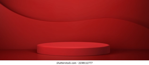 Abstract red room with podium, platform or stage. Illuminated cylindrical pedestal or scene for product presentation. Round display geometric rendering design, Realistic 3d vector illustration