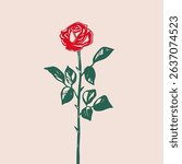 Abstract red Rose with long stem. Decorative rose silhouette. Trendy modern style. Hand drawn Vector illustration. Print, tattoo sketch, poster, card, design template. Isolated element