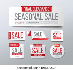 Abstract red sale banner collection. Discount tags, special offer stickers, seasonal clearance labels. Vector illustration.