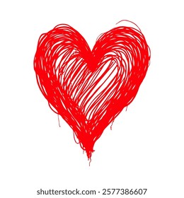 Abstract red scribble heart drawn in expressive, sketchy style on a white background. Concept of love, passion, and creativity. Valentine's day illustration.