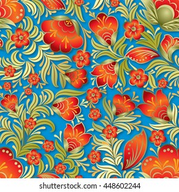 abstract red seamless floral ornament on blue background