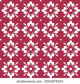 Abstract red seamless pattern with white flowers