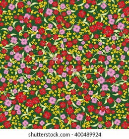 abstract red seamless spring floral ornament on green