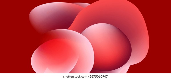 Formas vermelhas abstratas se sobrepõem, criando gradientes suaves. Design minimalista com fundo escuro, curvas suaves, estética moderna.