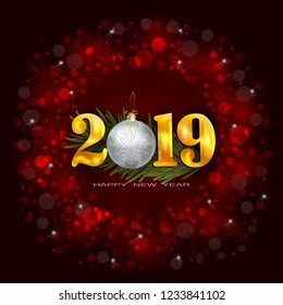 Abstract Red Shiny Christmas Background With Bauble, Snowflakes,
Spruce Branch, Christmas Ball And Golden Lettering 2019. Merry Christmas And Happy New Year 2019. Vector Illustration.