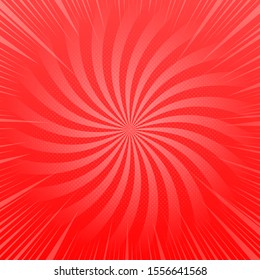 Abstract red shiny template with radial rays and halftone effects. Vector illustration
