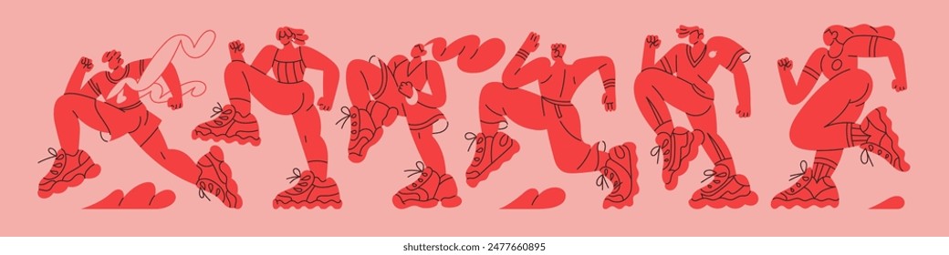 Abstract red silhouettes of people run fast. Crowd of athletes rushing to win in sports competition on banner. Runners' group jogging, winner crosses finish line. Flat contour vector illustration