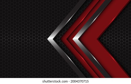 Abstract red silver arrow direction overlap on dark grey hexagon mesh design modern luxury futuristic background vector illustration.