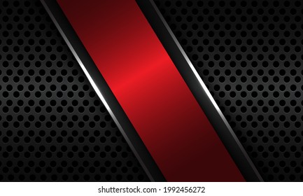 Abstract red silver line slash overlap on dark grey metallic circle mesh pattern design modern luxury futuristic technology background vector illustration.