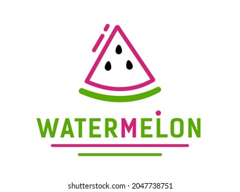 Abstract red slice watermelon. Logo for juice or healthy food company. Linear style. Vector symbol watermelon with seeds on white background. 