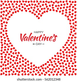 Abstract Red small Hearts Background for Valentines Day Design. Vector Illustration Card with White Heart Frame. Wedding Invitation Card Happy Valentine's Day Lettering with arrow.  Logo for medical.