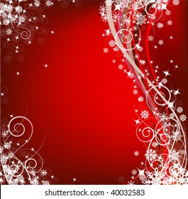 abstract red snow background with wavy lines, ornaments and snowflakes