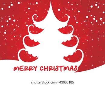 abstract red snowflake background with white xmas tree