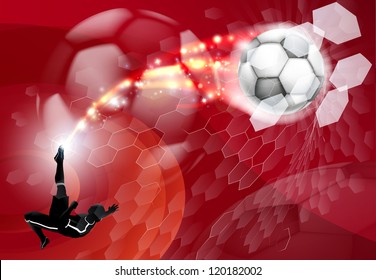 An abstract red soccer sport background with detailed silhouette of a soccer player kicking a soccer ball, smashing it through an abstract goal net