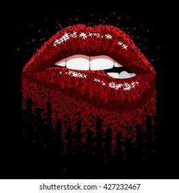 Abstract red sparkles Open Mouth with color paint flow glossy Lips Biting