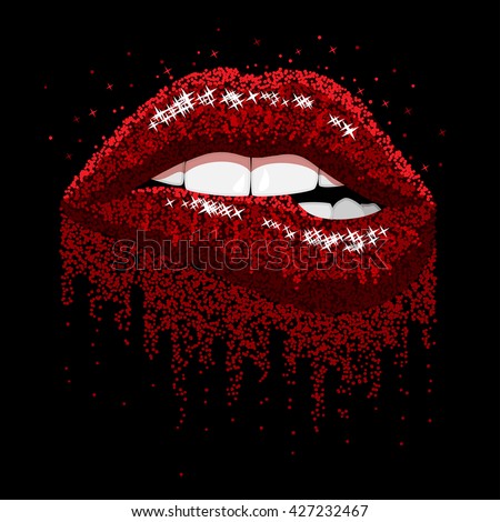 Abstract red sparkles Open Mouth with color paint flow glossy Lips Biting