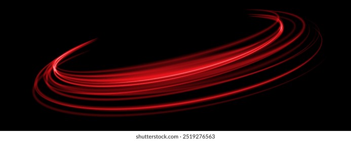 Abstract red speed light lines neon ring glowing circle round movement on black background vector illustration.